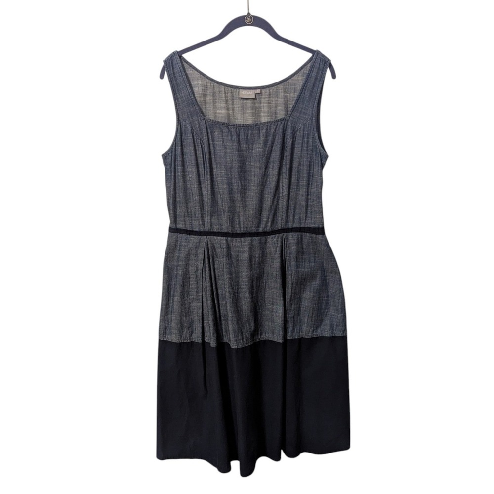 eShakti Twee Cotton Dress Sleeveless Chambray Colorblock Pleated Pocket 14
